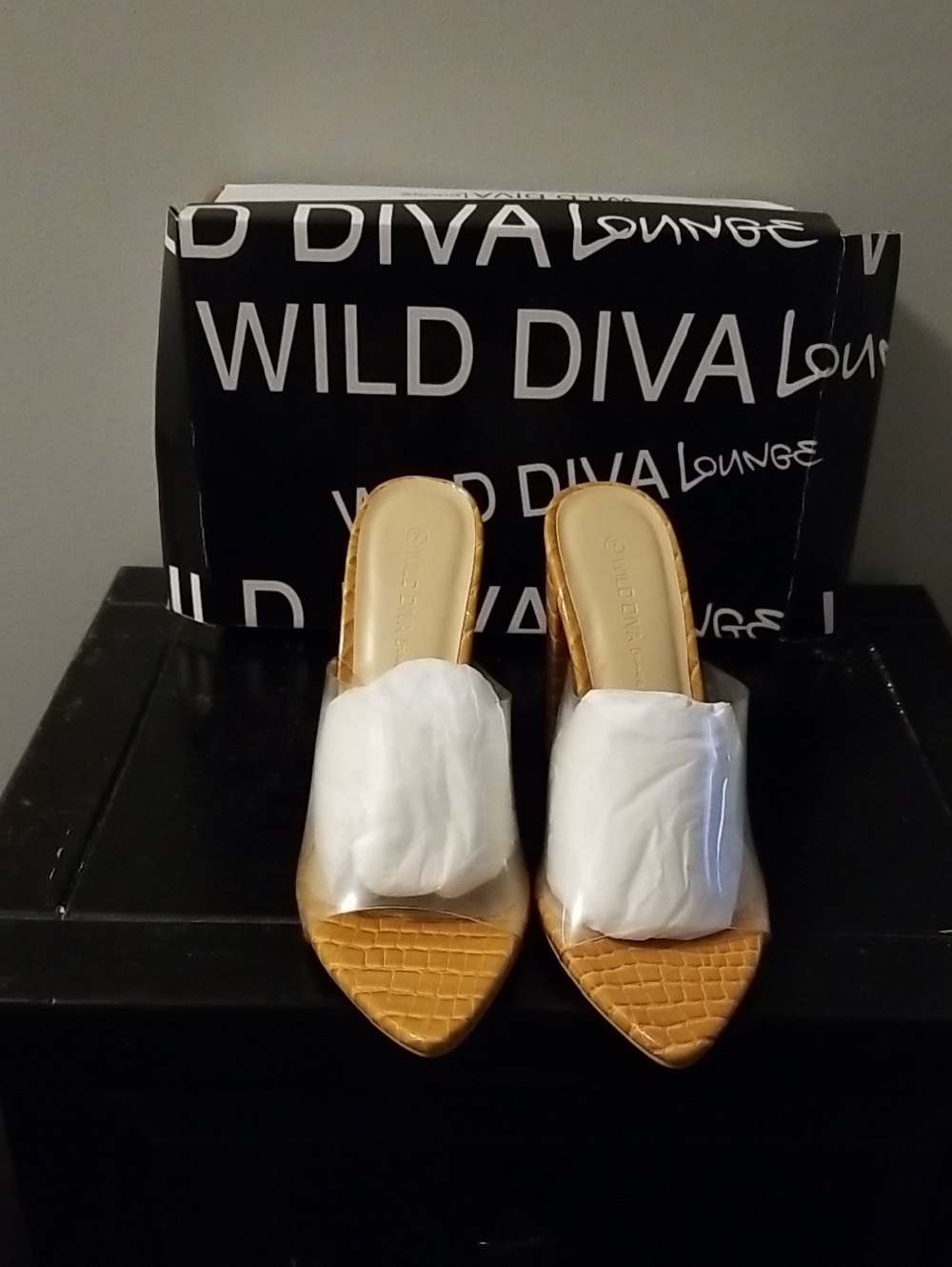 DIVA Lounge Tan Pointed Slide Mules with Clear Upper